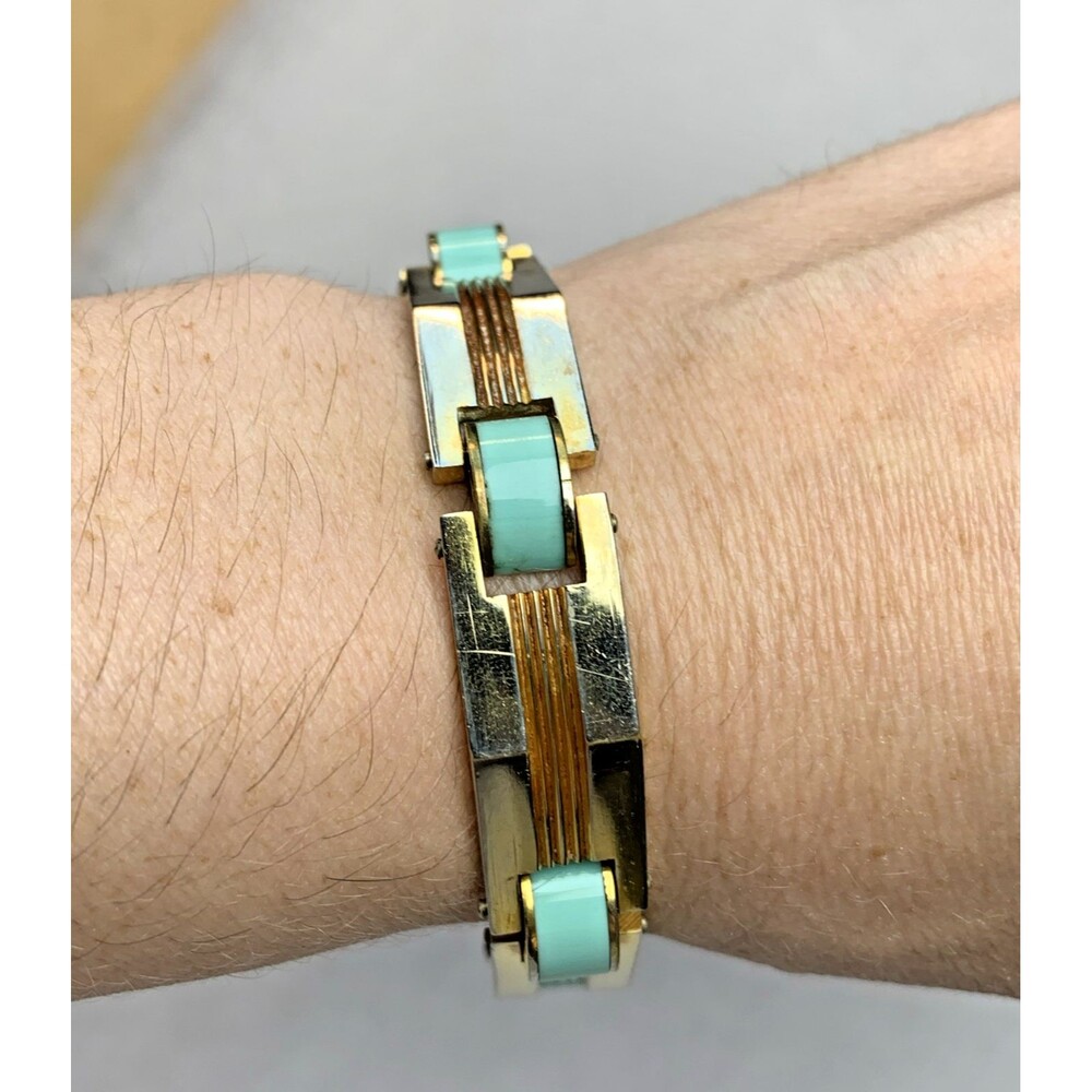 Fabon FSE Paris Depose 725 Art Deco Bracelet Blue Galalith Gold Tone France